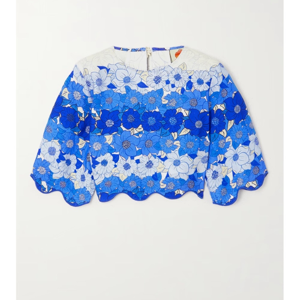 FARM RIO
Cropped scalloped floral-print linen top